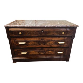 Antique 19th Century French Louis Philippe Burled Walnut Commode | Marble Top For Sale