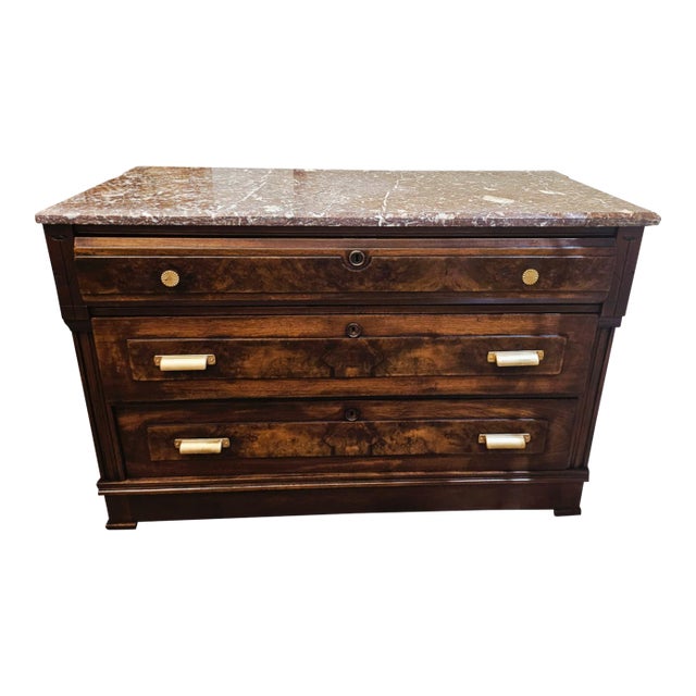 Antique 19th Century French Louis Philippe Burled Walnut Commode | Marble Top For Sale