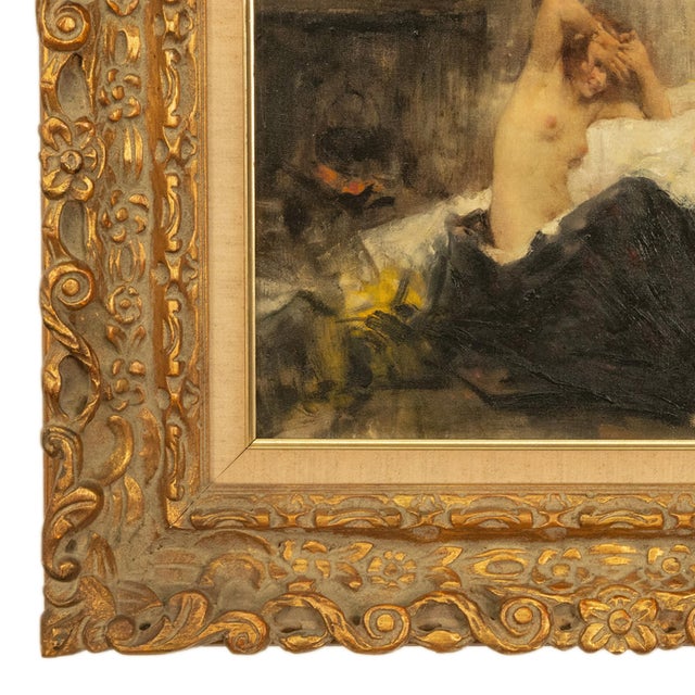 Textile Antique Italian Realism Verismo Oil on Canvas Painting Female Nude Ex-Christie's by Antonio Mancini, 1890 For Sale - Image 7 of 18