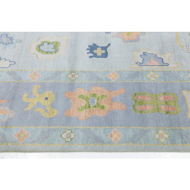 Modern Oushak Style Hand-Knotted Wool Rug in Ice Blue, Blush & Sage For Sale - Image 11 of 12