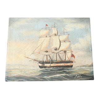 Mid 20th Century Clipper Ship on Choppy Waters, Seascape, Oil on Canvas For Sale