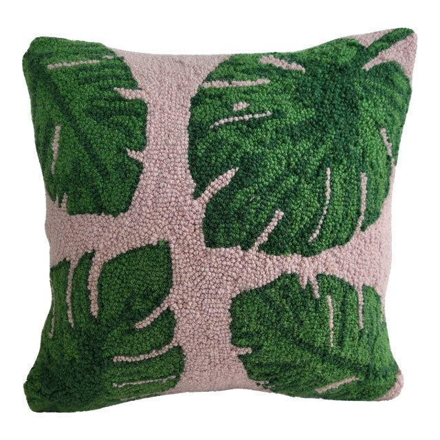 Pink & Green Palm Frond Crewel Embroidered Pillow For Sale