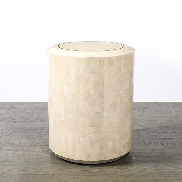 Mid-Century Drum Form Brass Inlay Tessellated Stone Side Table by Maitland Smith For Sale - Image 11 of 14