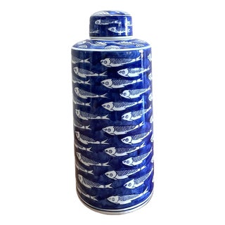 Schoal Blue and With Fish Design Tall Ginger Jar For Sale