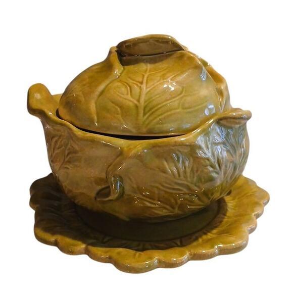 Cabbage Lettuce Turain Serving Bowl Lid Dish Platter Green Ceramic Cottage Farm Holland Mold Ceramic Cabbage Lettuce Bowl...
