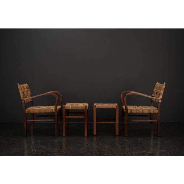 Wood Set of Scandinavian Chair and Ottoman attributed to Axel Larsson for Bodafors, Sweden, 1930s, Set of 4 For Sale - Image 7 of 18