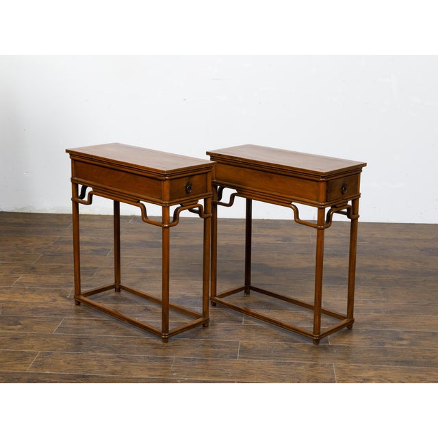 19th Century Pair of Teak 19th Century Console Tables with Drawers and Humpback Stretchers For Sale - Image 5 of 12