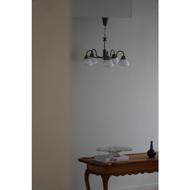 Danish Modern Five-Headed Chandelier in Opal Glass and Brass, 1940s For Sale - Image 9 of 18