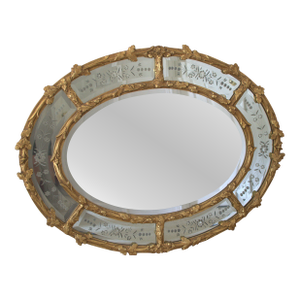 Vintage Hollywood Regency Gold Gilt Oval Mirror W / Etched Floral Bevel Glass Border, Leaf & Acorn Ornate Frame- 50"