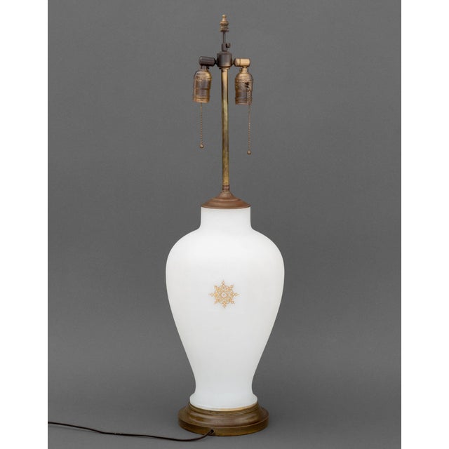 Metal French Style Milk Glass Vase Mounted as a Lamp For Sale - Image 7 of 9