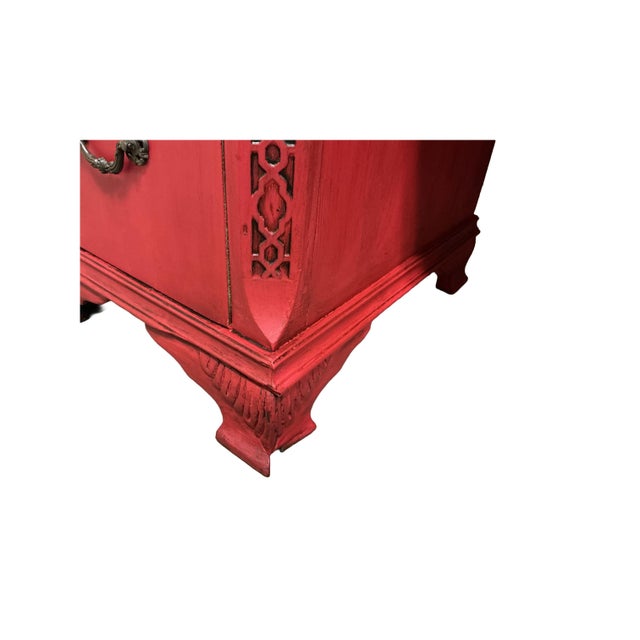 Raspberry Red Asian Writing Desk Painted Red Brass Hardware Rope Turn Trim Glass Top 7 Drawers For Sale - Image 8 of 12