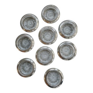 Vintage Labem Depression Glass & Sterling Silver Drink Cocktail Coasters for Barware - Set of 9 For Sale