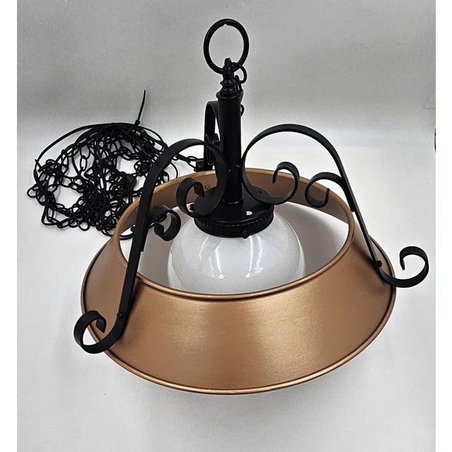 1960s Wrought Iron + Enameled Steel & Glass Globe Swag Pendant, 1960's For Sale - Image 5 of 10