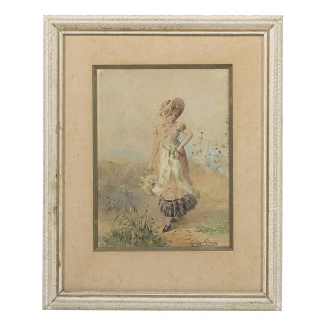 Gaston Gérard, Girl with Flowers, 1920s, Watercolor For Sale