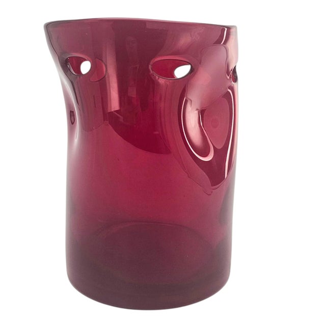 Contemporary Hand-Blown Ruby Red Pinched Art Glass Vase Modernist 8" For Sale - Image 3 of 9