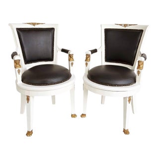 1850s French Empire Armchairs, Fine Gilt Bronze Mounts, Painted and Upholstered For Sale