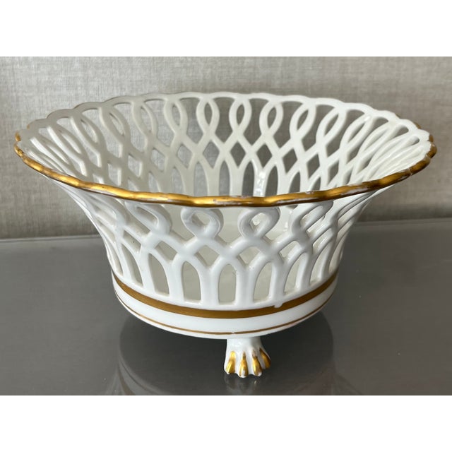 19th Century Antique 19th Century French Empire Paris Porcelain Gold & White Basket or Corbeille With Lion Paw Feet For Sale - Image 5 of 13