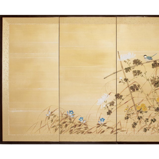 Lovely Japanese 4-panel painted silk Byobu (folding screen) "Tit and Chrysanthemums", signed and sealed by artist....