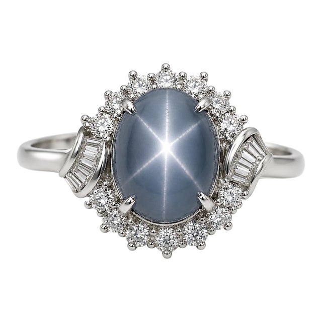 Late 20th Century Platinum Ring With 7.37ct Blue Star Sapphire and Diamonds, Size 7.5 For Sale