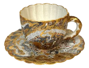 Meiji Satsuma Dragons & Immortals Cup & Saucer by Kitagawa-zō, Signed Dai Nippon