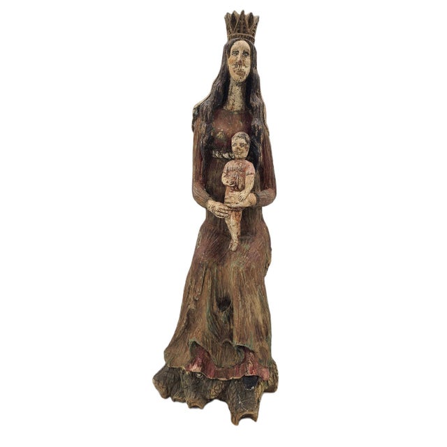 Hand-Carved and Polychromed Wooden Folk Sculpture of the Virgin Mary with Child, Early 20th Century For Sale - Image 15 of 15