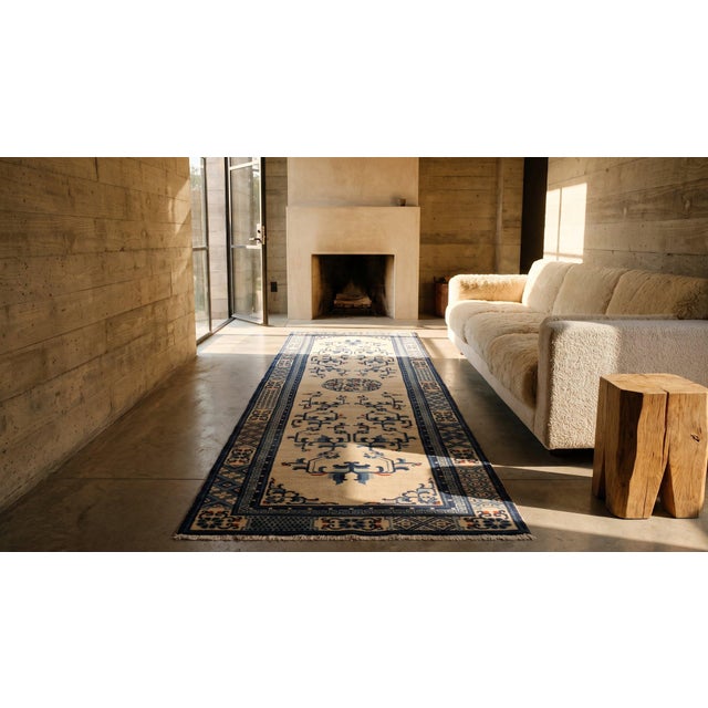 Textile 1900s Beige Medallion Antique Chinese Peking Rug 3' 2" X 11' 6" Handknotted Wool Pile Wool Carpet For Sale - Image 7 of 7