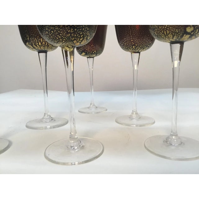 Cranberry With Gold Venetian Murano Vine Goblets Glasses - Set of 6 For Sale In Providence - Image 6 of 8