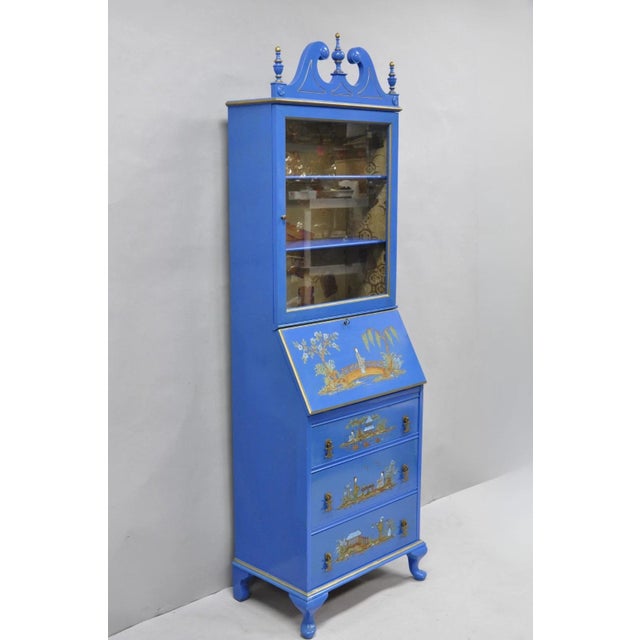 Vintage Chinoiserie Blue Hand Painted Gold Gilt Decorated Narrow Bookcase Secretary Desk with 3 Dovetailed Drawers and...