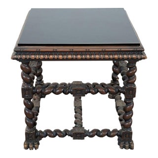 Vintage Glass Top Carved End Table For Sale