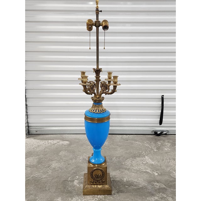 Antique French Blue Opaline Glass & Bronze Candelabra Table Lamp For Sale - Image 14 of 16