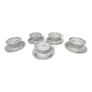 Vintage Wawel Poland Porcelain Tea Cup Saucer Set 5 Floral Gold Trim - 10 Pcs For Sale