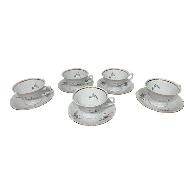 Vintage Wawel Poland Porcelain Tea Cup Saucer Set 5 Floral Gold Trim - 10 Pcs For Sale