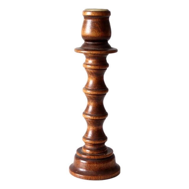 Vintage Turned Wood Candlestick Holder For Sale