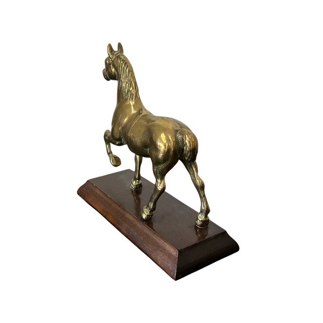 Mid 20th Century Vintage Solid Brass Prancing Horse Sculpture on Wood Pedestal Base – Mid-Century Modern Equestrian Decor For Sale - Image 5 of 6