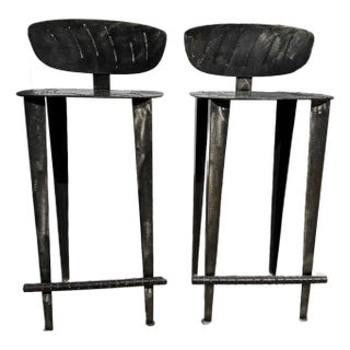 1980's Vintage Hammered Steel Bar Stools - A Pair For Sale