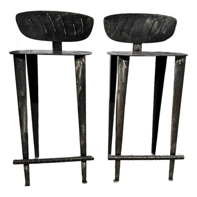 1980's Vintage Hammered Steel Bar Stools - A Pair For Sale