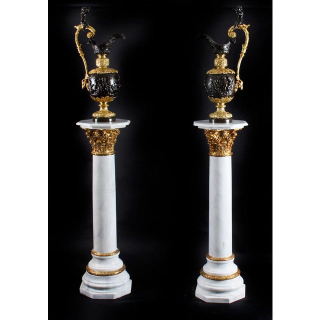 This is a gorgeous pair of 4ft white marble Corinthian column pedestals with gilded bronze 'ormolu' mounts, dating from...