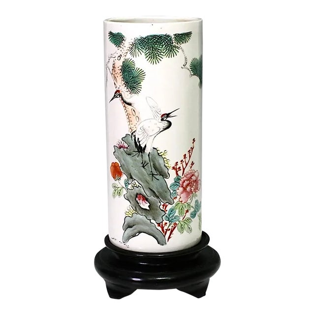 Chinese Republic White Porcelain Cylinder Vase, Hat Stand With Red Crowned Cranes on Wood Display Stand For Sale