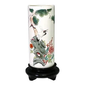 Large Chinese Republic White Porcelain Cylinder Vase, Hat Stand With Red Crowned Cranes on Wood Display Stand