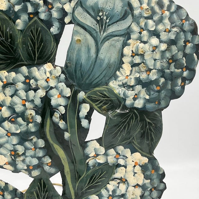 Vintage Toleware Hand-Painted Blue Hydrangea Basket Fireplace Screen Dummy Board For Sale - Image 4 of 12