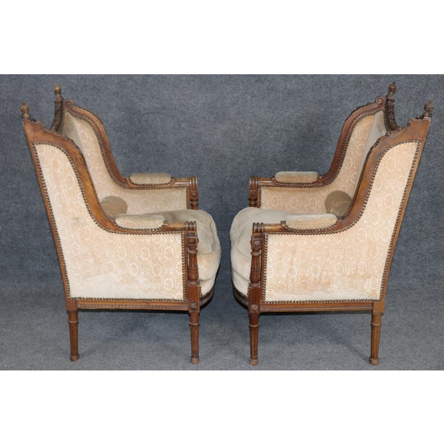 Pair of Antique French Louis XVI Bergère Chairs, Walnut Carved Frames With Down Cushions, Turn of the Century For Sale - Image 4 of 15