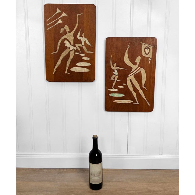 Mid-Century Modern Mid-Century Abstract Figural Dancers Walnut Wall Plaques - A Pair For Sale - Image 3 of 13