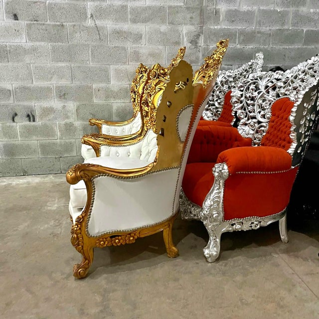 Baroque Style King Throne Chair – Off-White Leather Upholstery For Sale - Image 4 of 6