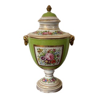 Antique Early 19th Century English Regency Coalport Porcelain Urn Vase With Goat Mask Handles in Apple Green Glaze Circa 1810 For Sale