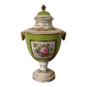 Antique Early 19th Century English Regency Coalport Porcelain Urn Vase With Goat Mask Handles in Apple Green Glaze Circa 1810