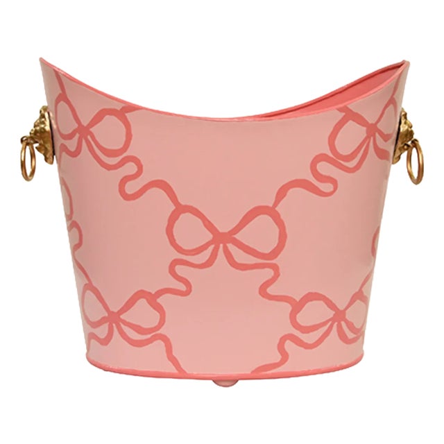 Matthew Izzo Home Wastebasket - Hand Painted Oval Tole Metal With Salmon Bows and Gold Leaf Lion Head Handles For Sale
