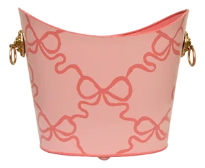 Matthew Izzo Home Wastebasket - Hand Painted Oval Tole Metal With Salmon Bows and Gold Leaf Lion Head Handles