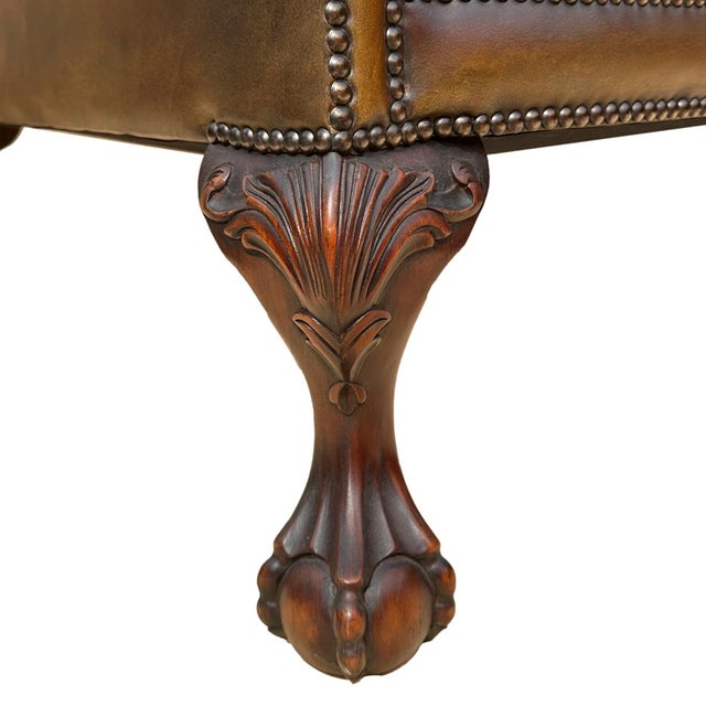 Metal Pair of Leather Wing Back Tufted Chairs on Ball & Claw Feet, English, Ca. 1920. For Sale - Image 7 of 7