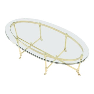 Large Oval Solid Brass Glass Top Hoof Feet Italian Coffee Table For Sale