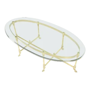 Large Oval Solid Brass Glass Top Hoof Feet Italian Coffee Table